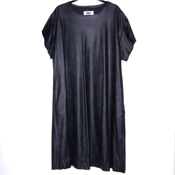 MM6 MAISON MARGIELA Vegan Leather Short Sleeve Midi Dress Black Women's 42/ US 6 - Picture 1 of 9
